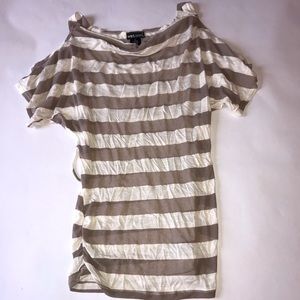 Cream and white open shoulder dress shirt